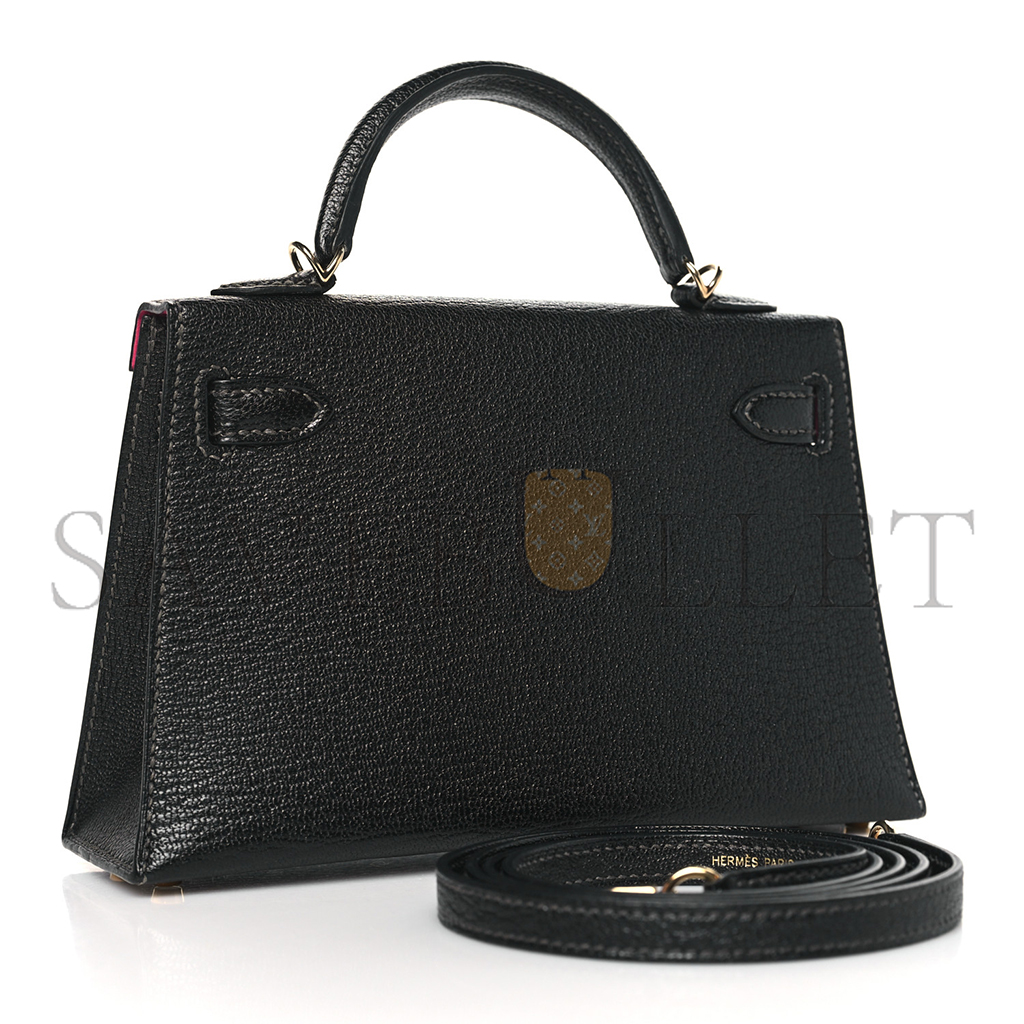 HERMÈS CHEVRE MYSORE HORSESHOE MINI KELLY II SELLIER BLACK ROSE MEXICO  (19*12*5.5cm) 